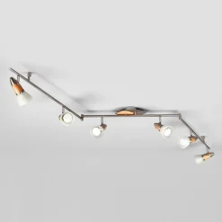 Spotlights ^ Lindby loftlampe Marena, 6 lyskilder, glas, træ, 180 cm lang