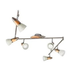 Spotlights ^ Lindby loftlampe Marena, 6 lyskilder, glas, træ, 180 cm lang