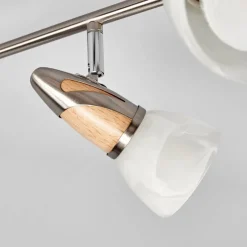 Spotlights ^ Lindby loftlampe Marena, 6 lyskilder, glas, træ, 180 cm lang
