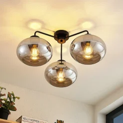 Loftlamper|Loftlamper ^ Lindby loftlampe Navidia, Ø 67 cm, sort, røgfarvet glas