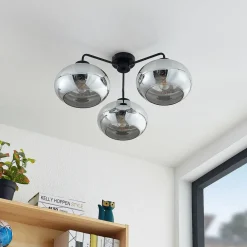 Loftlamper|Loftlamper ^ Lindby loftlampe Navidia, Ø 67 cm, sort, røgfarvet glas
