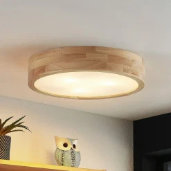 Gang|Loftlamper ^ Lindby loftlampe Tanju, Ø 40 cm, 3 lyskilder, egetræ, E27