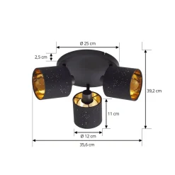 Lindby Loftlamper > loftlampe Vasilia, 3 lyskilder, sort/guld, stof