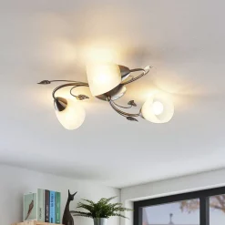 Lindby Loftlamper|Loftlamper > loftlampe Yannie, 3 lyskilder, 50 cm, nikkel/hvid, glas