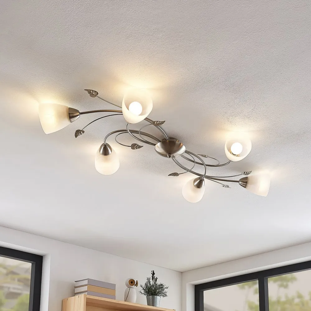 Gang|Loftlamper ^ Lindby loftlampe Yannie, 6 lyskilder, 106 cm, nikkel/hvid, glas