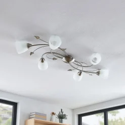 Gang|Loftlamper ^ Lindby loftlampe Yannie, 6 lyskilder, 106 cm, nikkel/hvid, glas