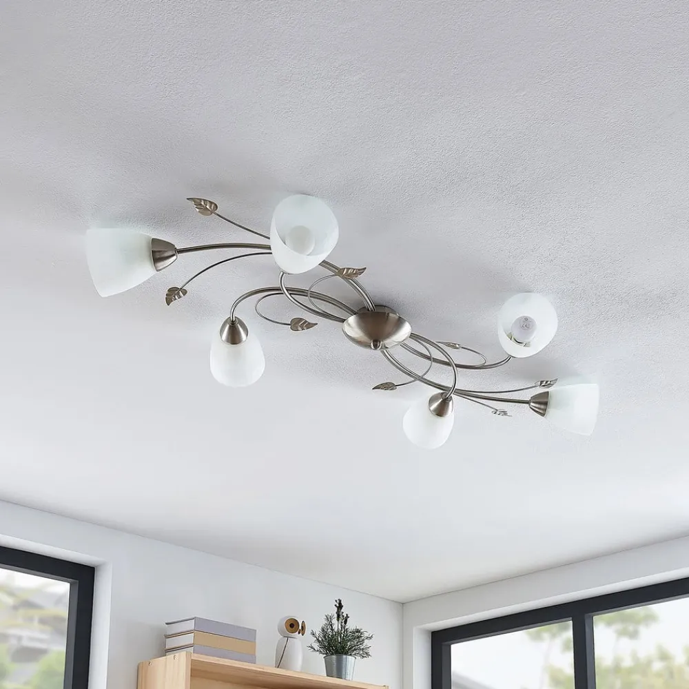 Gang|Loftlamper ^ Lindby loftlampe Yannie, 6 lyskilder, 106 cm, nikkel/hvid, glas