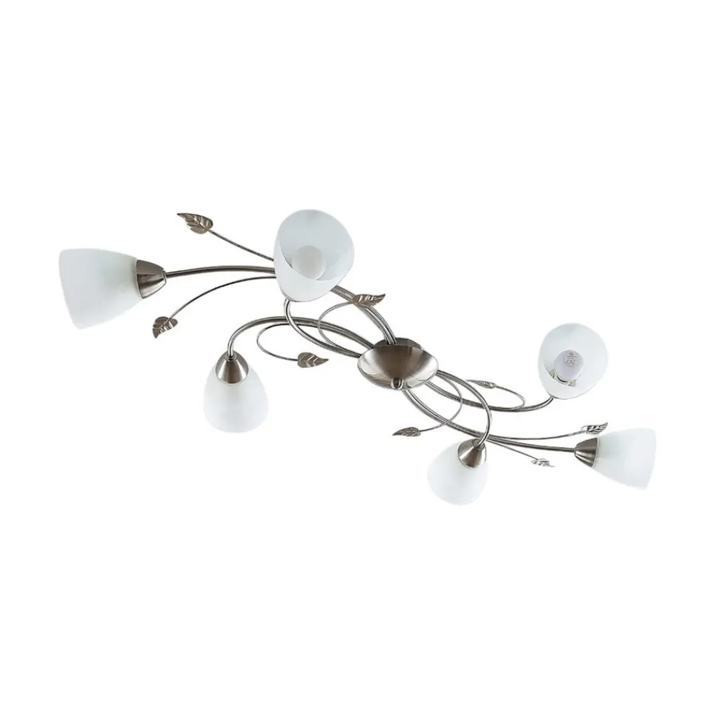 Gang|Loftlamper ^ Lindby loftlampe Yannie, 6 lyskilder, 106 cm, nikkel/hvid, glas