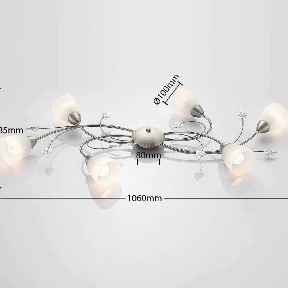 Gang|Loftlamper ^ Lindby loftlampe Yannie, 6 lyskilder, 106 cm, nikkel/hvid, glas