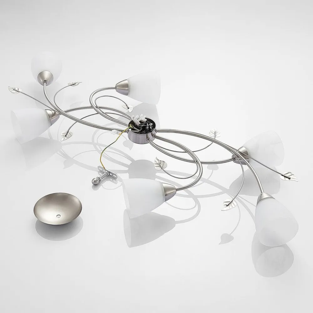 Gang|Loftlamper ^ Lindby loftlampe Yannie, 6 lyskilder, 106 cm, nikkel/hvid, glas