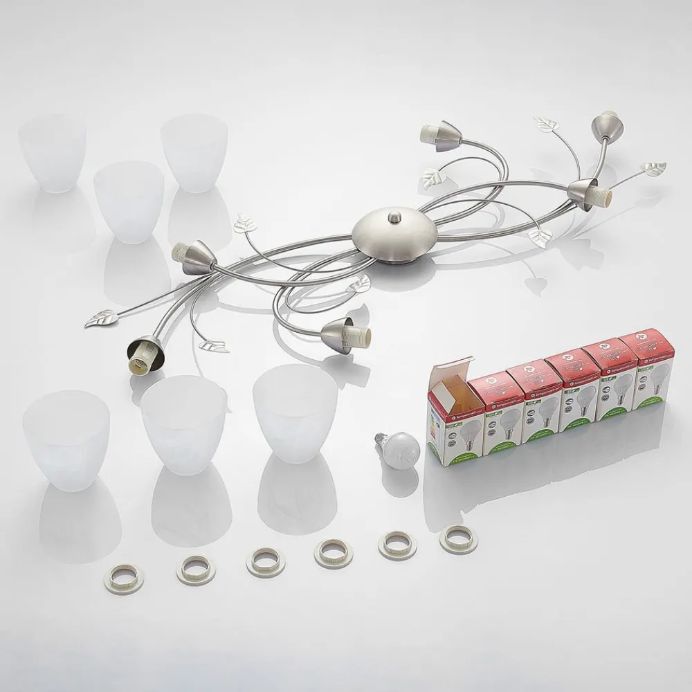Gang|Loftlamper ^ Lindby loftlampe Yannie, 6 lyskilder, 106 cm, nikkel/hvid, glas