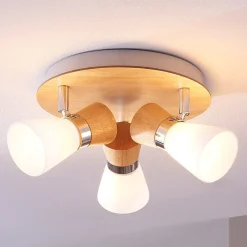 Gang|Loftlamper ^ Lindby loftslampe Vivica, Ø 26 cm, krom/træ, 3 lyskilder