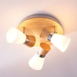 Gang|Loftlamper ^ Lindby loftslampe Vivica, Ø 26 cm, krom/træ, 3 lyskilder