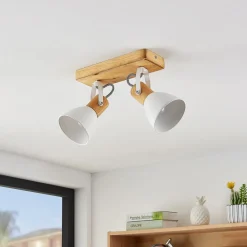 Gang|Loftlamper ^ Lindby loftspot Merela, hvid, 28 cm, 2 lyskilder, træ, E14