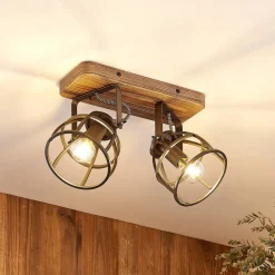Gang|Loftlamper ^ Lindby loftspot Rutger, 36 cm, 2 lyskilder, træ, bur, E14