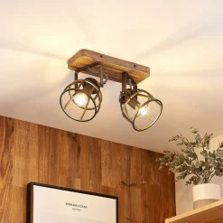 Gang|Loftlamper ^ Lindby loftspot Rutger, 36 cm, 2 lyskilder, træ, bur, E14