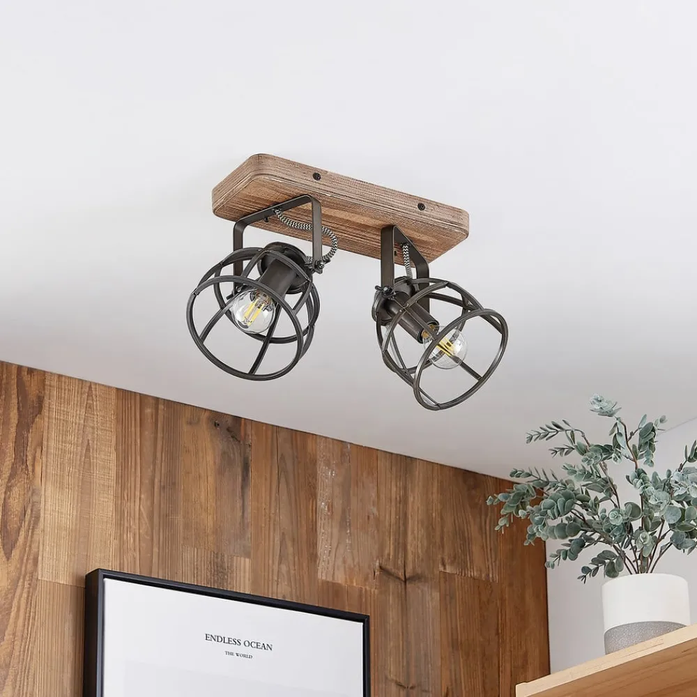 Gang|Loftlamper ^ Lindby loftspot Rutger, 36 cm, 2 lyskilder, træ, bur, E14