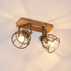 Gang|Loftlamper ^ Lindby loftspot Rutger, 36 cm, 2 lyskilder, træ, bur, E14