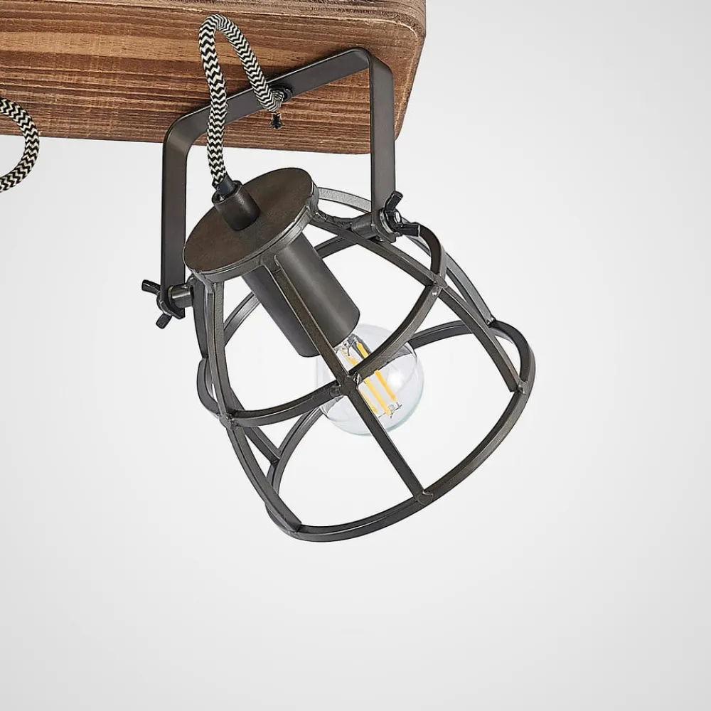Gang|Loftlamper ^ Lindby loftspot Rutger, 36 cm, 2 lyskilder, træ, bur, E14