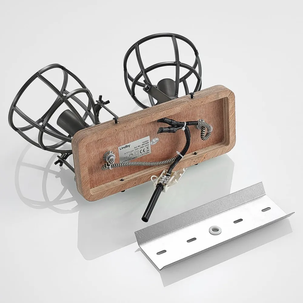 Gang|Loftlamper ^ Lindby loftspot Rutger, 36 cm, 2 lyskilder, træ, bur, E14