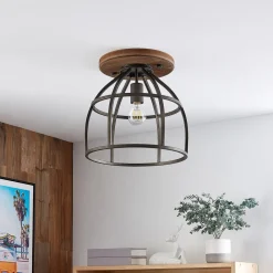 Lindby Loftlamper|Loftlamper > loftspot Rutger, Ø 34 cm, træ, bur, E27