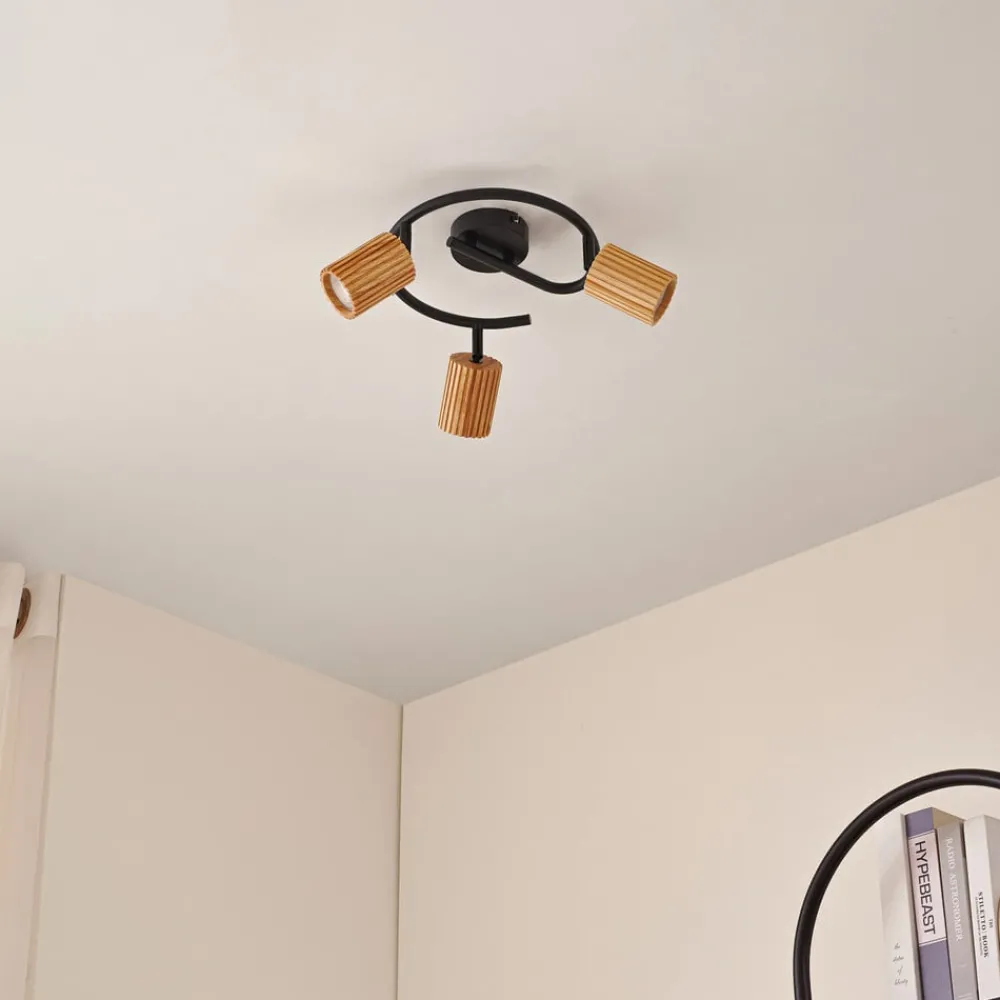 Gang|Loftlamper ^ Lindby loftspot Stralino, 3 lyskilder, Ø31cm, træ, GU10