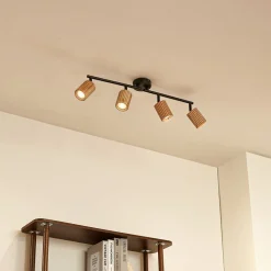 Spotlights|Loftlamper ^ Lindby loftspot Stralino, 4 lyskilder, længde 60 cm, træ