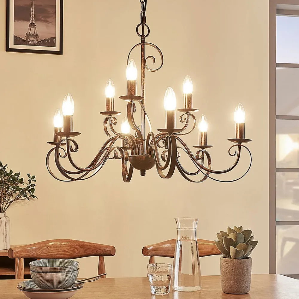 Lindby Gang|Pendellamper > lysekrone Caleb, 9 lyskilder, rustfarvet, metal, E14
