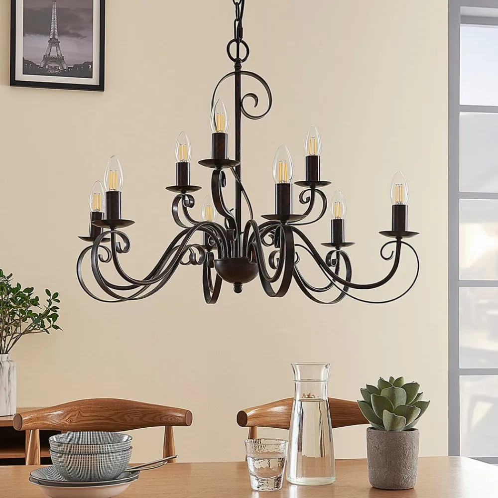 Lindby Gang|Pendellamper > lysekrone Caleb, 9 lyskilder, rustfarvet, metal, E14