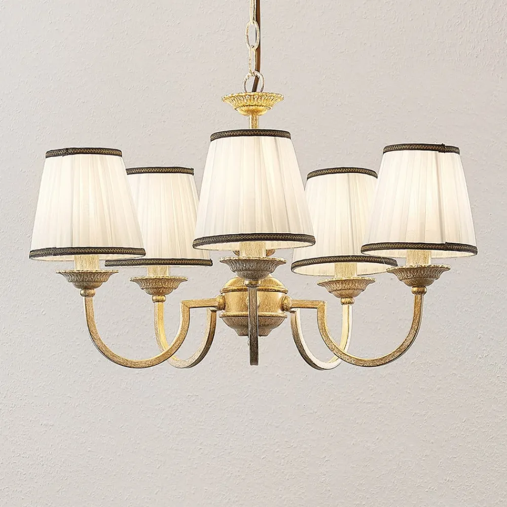 Gang|Lysekroner ^ Lindby lysekrone Lumiel, 5-lys, creme/messing, tekstil