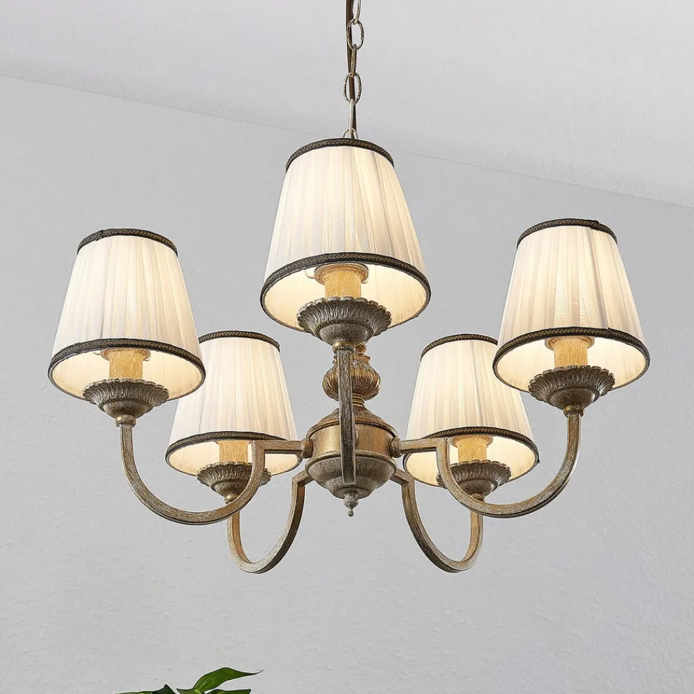Gang|Lysekroner ^ Lindby lysekrone Lumiel, 5-lys, creme/messing, tekstil