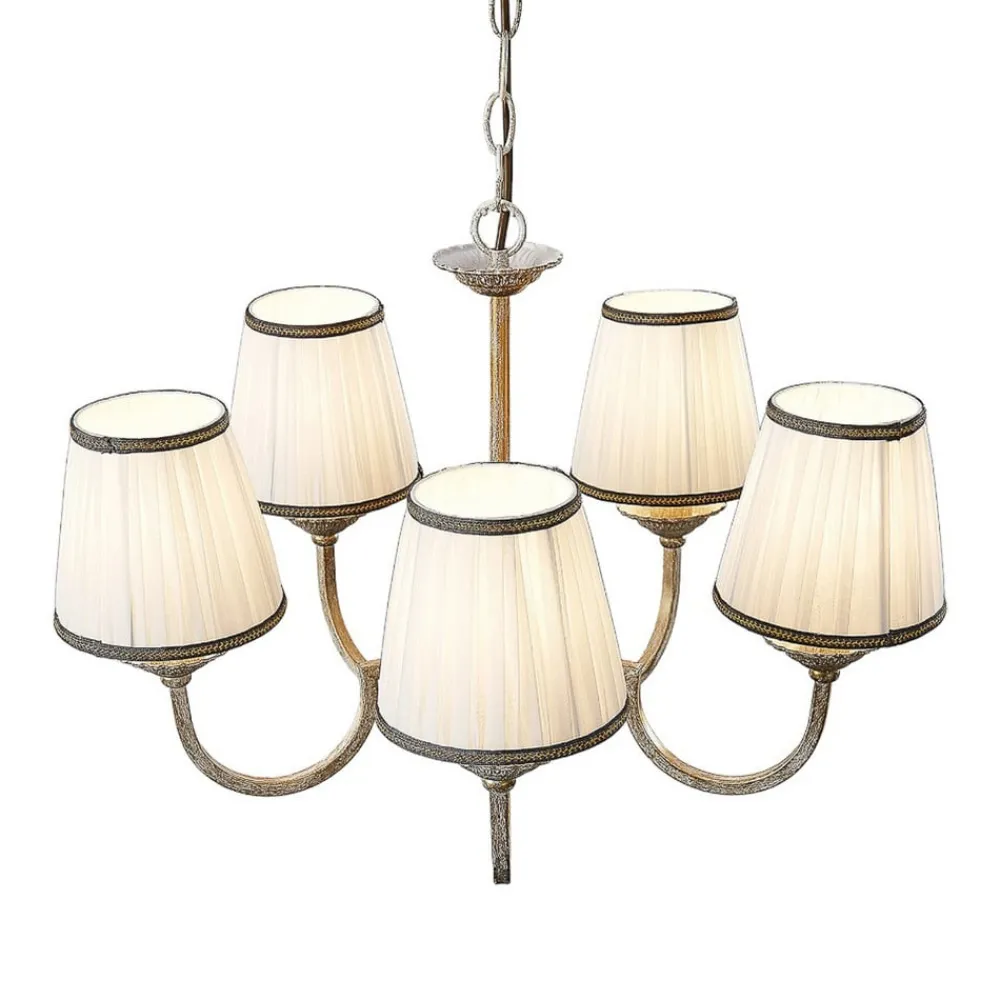 Gang|Lysekroner ^ Lindby lysekrone Lumiel, 5-lys, creme/messing, tekstil