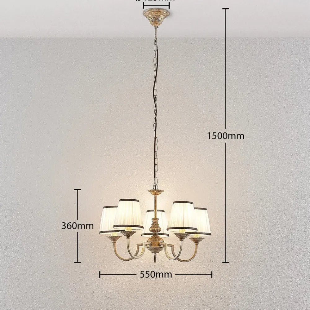 Gang|Lysekroner ^ Lindby lysekrone Lumiel, 5-lys, creme/messing, tekstil