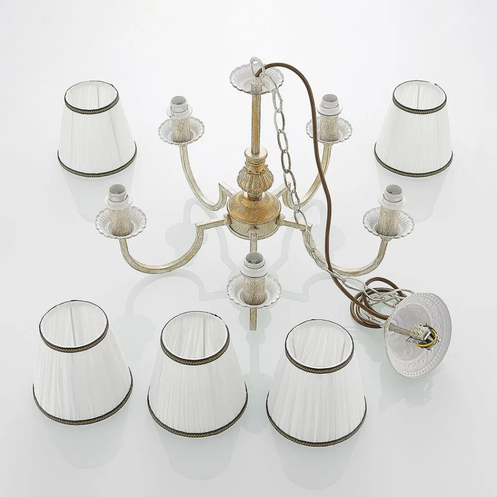 Gang|Lysekroner ^ Lindby lysekrone Lumiel, 5-lys, creme/messing, tekstil