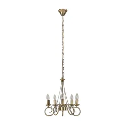 Gang|Pendellamper ^ Lindby lysekrone Marnia, 5 lyskilder, Ø 40 cm, antik messing, E14