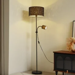 Gang|Gulvlamper ^ Lindby Melanie gulvlampe, sort, stof, Ø 36 cm, 2 lyskilder.