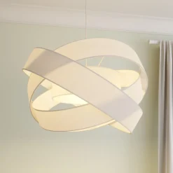 Gang ^ Lindby pendellampe Simaria, hvid, tekstil, Ø 60 cm, E27