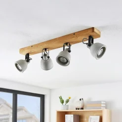 Gang|Loftlamper ^ Lindby Spot Mitis, 70 cm, 4 lyskilder, grå, træ, beton, GU10