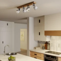 Gang|Loftlamper ^ Lindby Spot Mitis, 70 cm, 4 lyskilder, grå, træ, beton, GU10