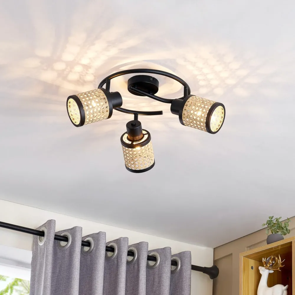 Lindby Spotlights > spot Yaelle, Ø 30 cm, 3 lyskilder, rattan, sort, E27