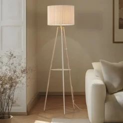 Gang|Pendellamper ^ Lindby trebenetstående gulvlampe Libbie, 155 cm, hør, cremefarvet