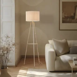 Gang|Pendellamper ^ Lindby trebenetstående gulvlampe Libbie, 155 cm, hør, cremefarvet