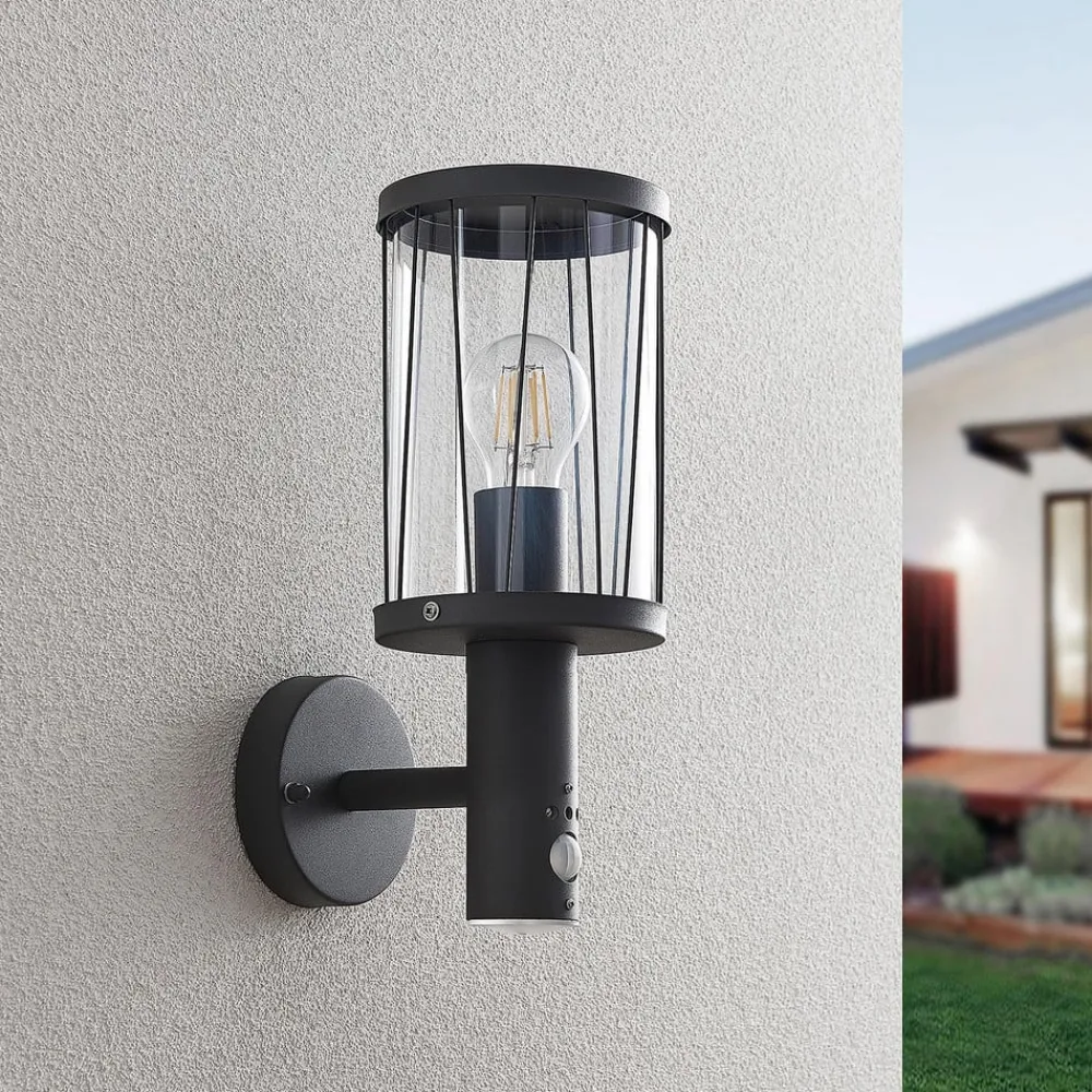 Væglampe Med Sensor|Terrassebelysning ^ Lindby udendørs væglampe Yonan, højde 34 cm, antracit, sensor