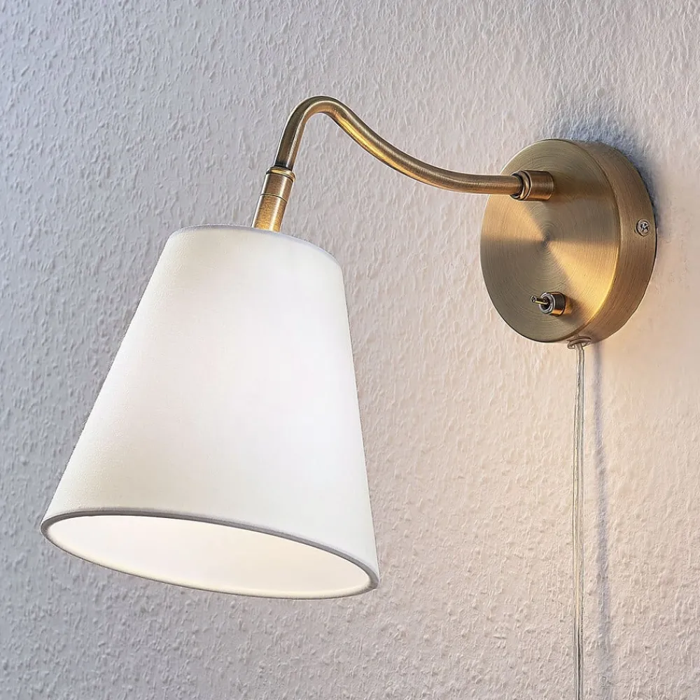 Lindby Væglamper|Væglamper > væglampe Ethan, hvid/gammel messing, stik, 28 cm, E14