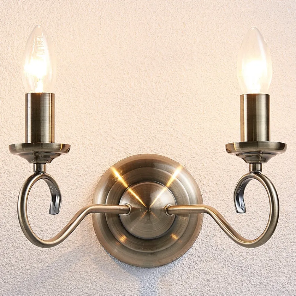 Lindby Væglamper|Væglamper > væglampe Marnia, antik messing, 2 lyskilder, 27 cm, E14