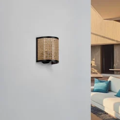 Gang|Pendellamper ^ Lindby væglampe Yaelle, 20 cm høj, rattan, sort, E27