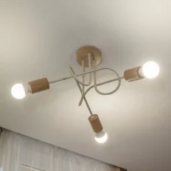 Loftlamper|Loftlamper ^ HELAM Loftlampe Oxford, sandbeige, træ, metal, 3 lyskilder, Ø 44 cm