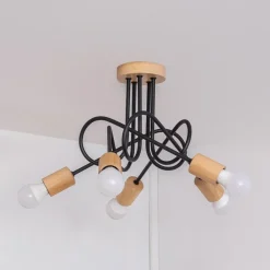 Loftlamper|Loftlamper ^ HELAM Loftlampe Oxford, sort, træ, metal, 5 lyskilder, Ø 47 cm