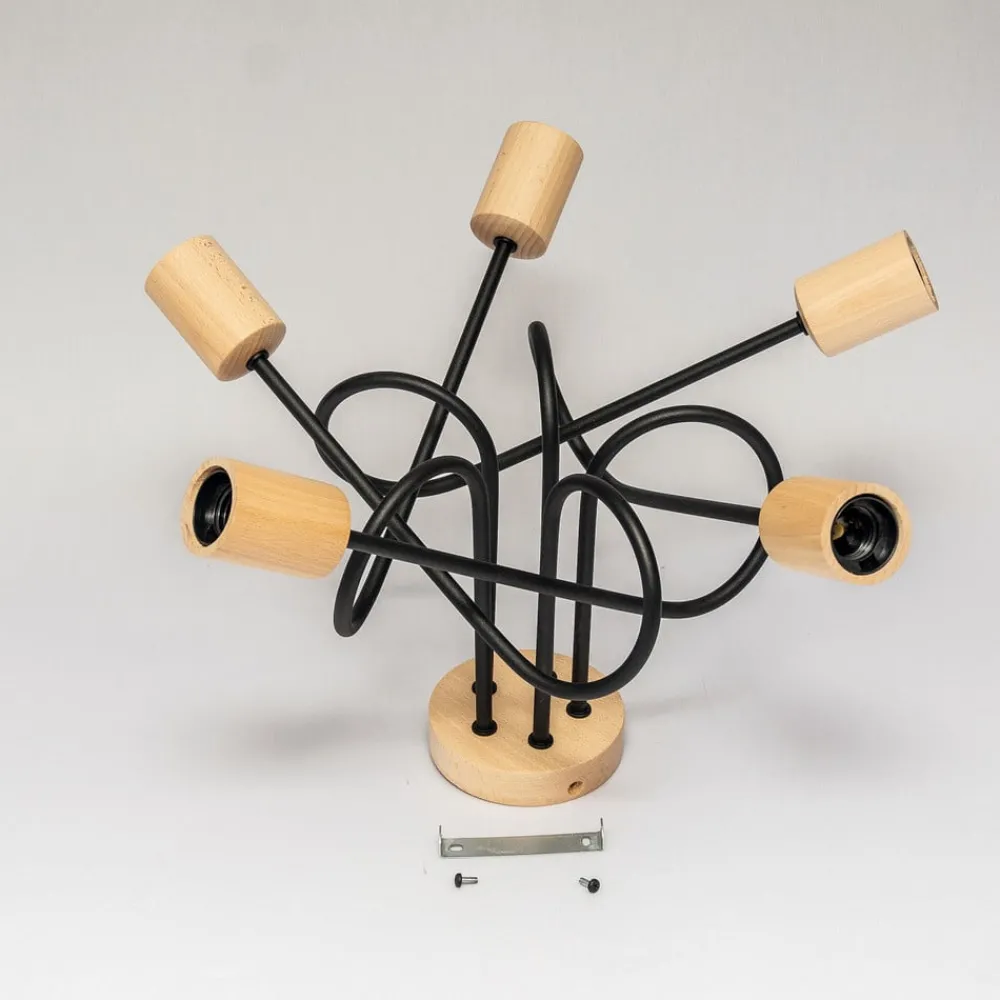 Loftlamper|Loftlamper ^ HELAM Loftlampe Oxford, sort, træ, metal, 5 lyskilder, Ø 47 cm