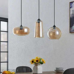 Lucande Pendellamper|Pendellamper > hængelampe Wilja, rav, glas, 111 cm, 3 lyskilder, E27